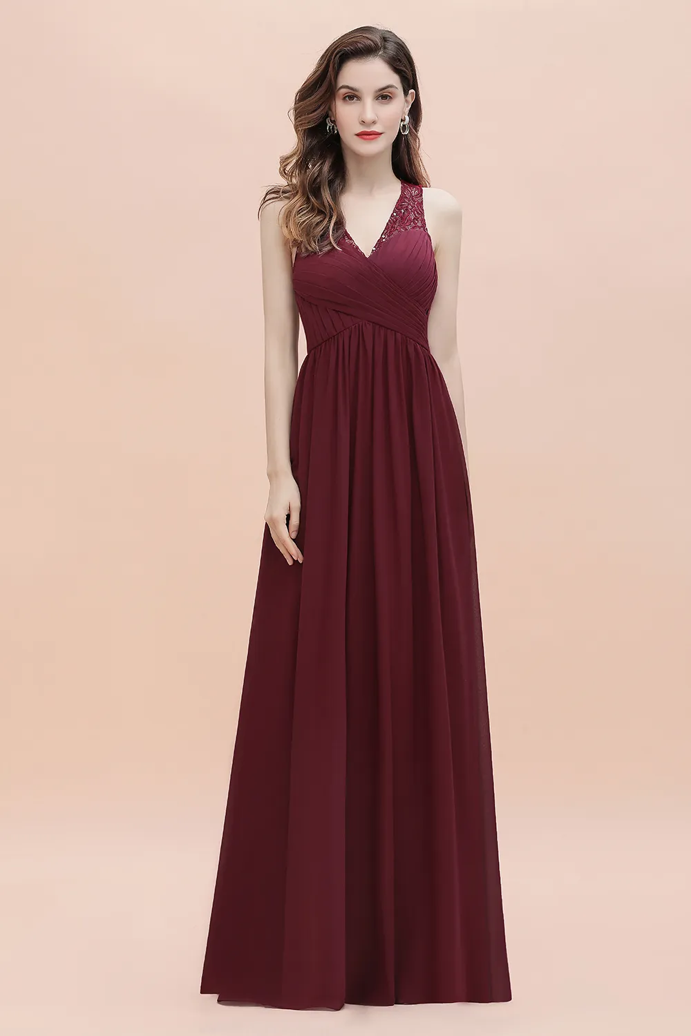 Abendkleider Lang V Ausschnitt | Weinrot Chiffon kleider