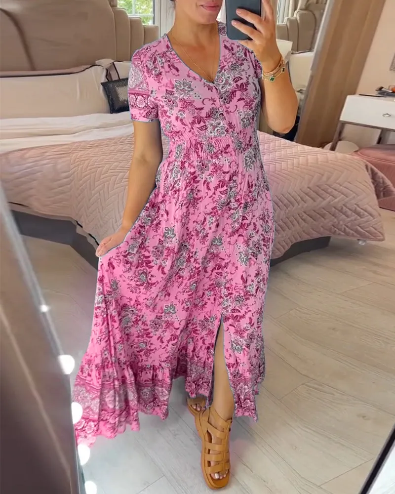Blumengemustertes V-Ausschnitt Kleid