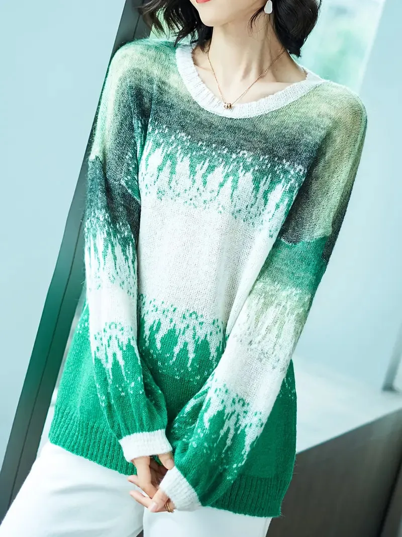 Damen Strickpullover mit Farbblock-Design – Crew Neck, Lange Ärmel
