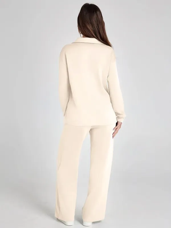 Heidi-Mode | Zweiteiliges Set V-Ausschnitt Sport Sweatshirt und elastische Taille weite Hose - Ideal für Herbst/Winter