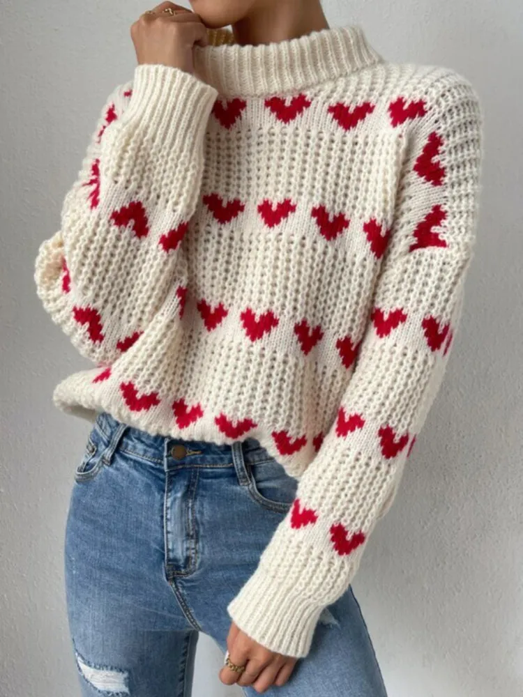 Heidi-Mode - Schicker Herbst Jacquard Herzdesign Strickpullover für Frauen