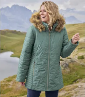 Lange wattierte Jacke mit Webpelz-Futter