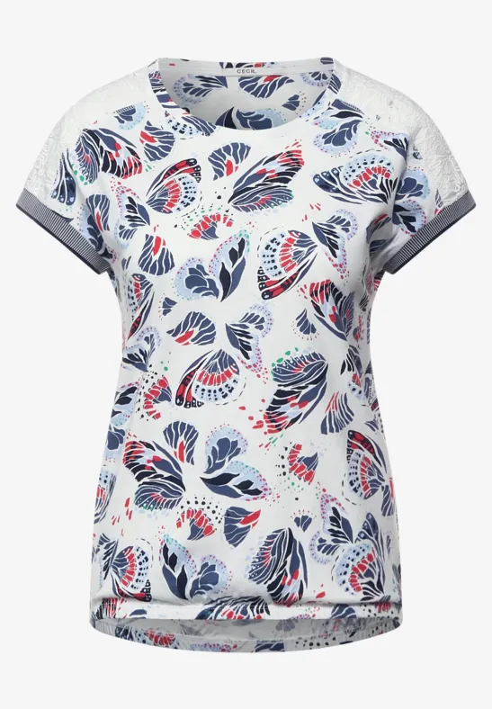 Print T-Shirt mit Spitze