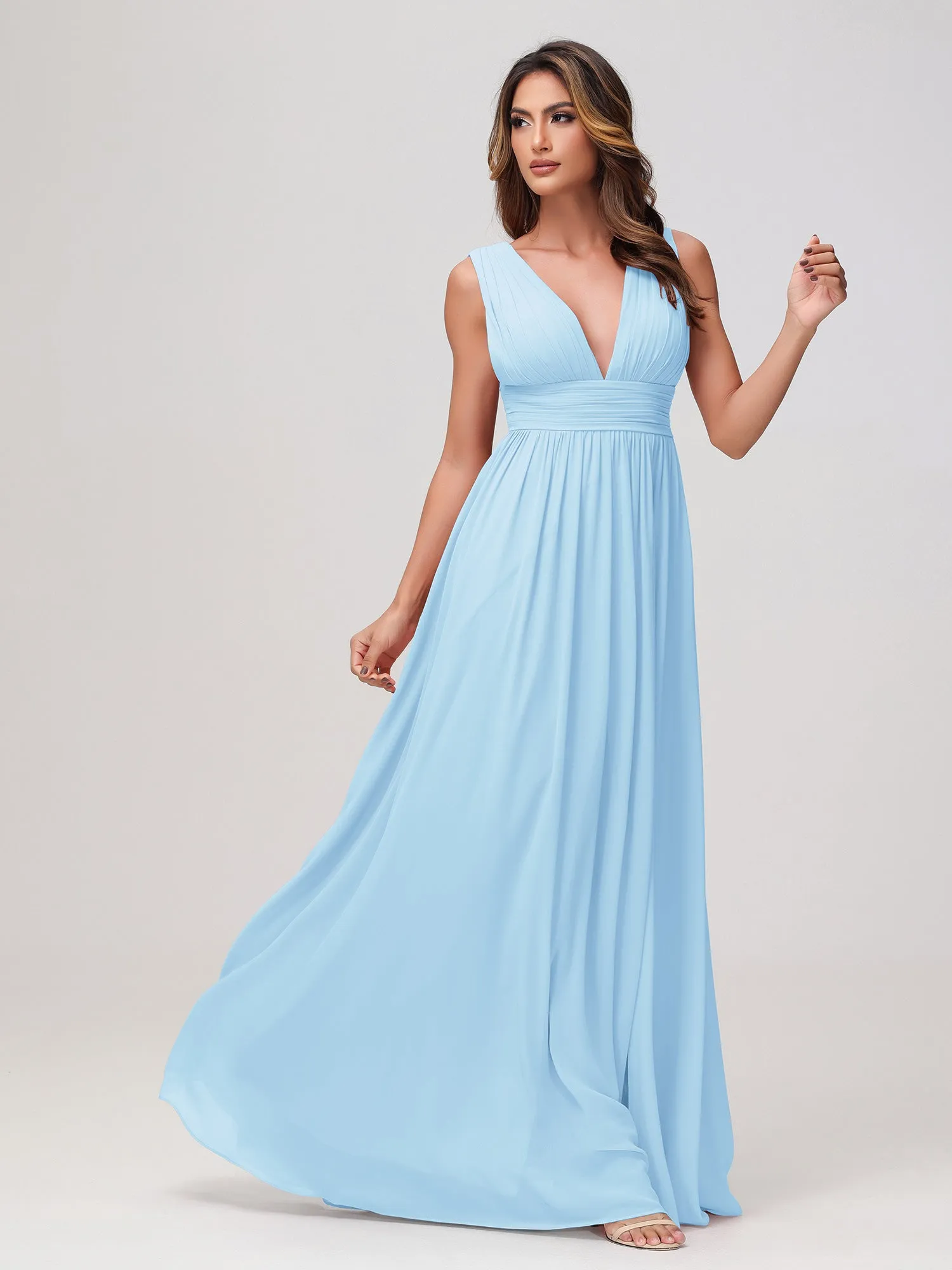 rmellos V-Ausschnitt Chiffon A-Linie Kleid mit Schlitz Himmelblau