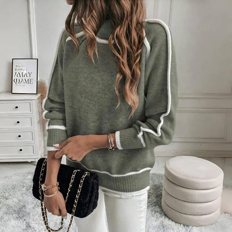 Rosalinda | Damen Turtleneck Pullover mit weißen Akzenten – Solide Str