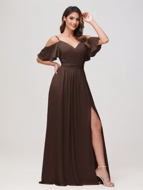 Schulterfrei A-Linie Rüschen Chiffon Kleid mit Schlitz Schokolade